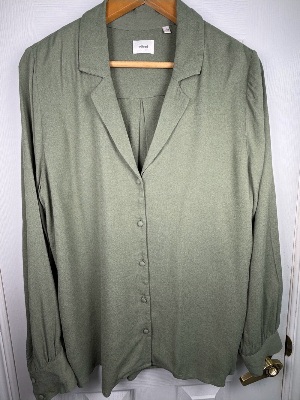 Wilfred Olive Green Drapey Button-Front Blouse L V-Neck Minimalist Elevated Chic